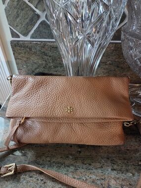 Tory Burch Pebbled Leather Fold-Over Crossbody in Cognac Brown